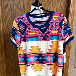 LuLaRoe Short Sleeve Tee in Navy, Pink, Yellow, Teal & Cream Geometric Print